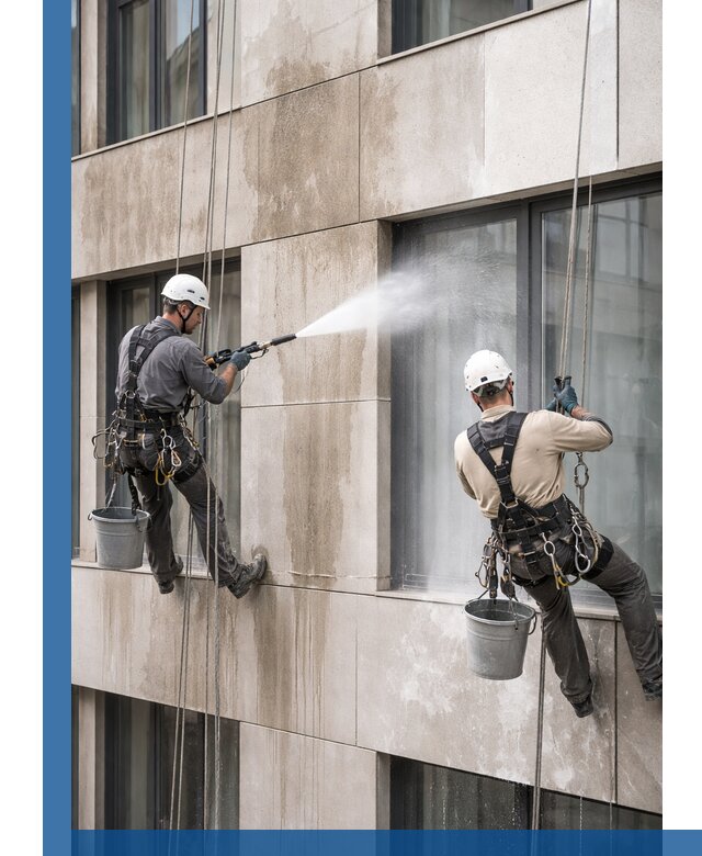 Послестроительная мойка фасада промышленным альпинизмом в Ухте