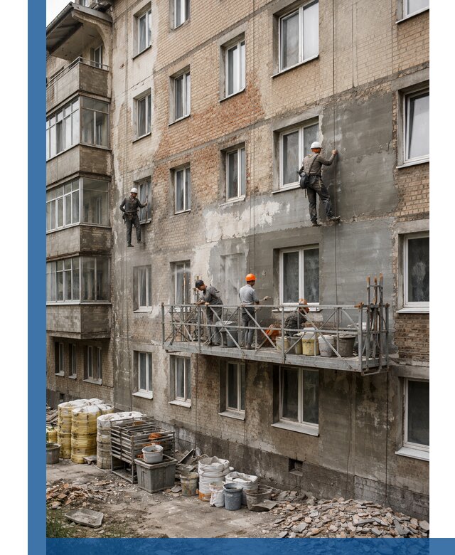 Капитальный ремонт фасада в Ухте с восстановлением и гидроизоляцией