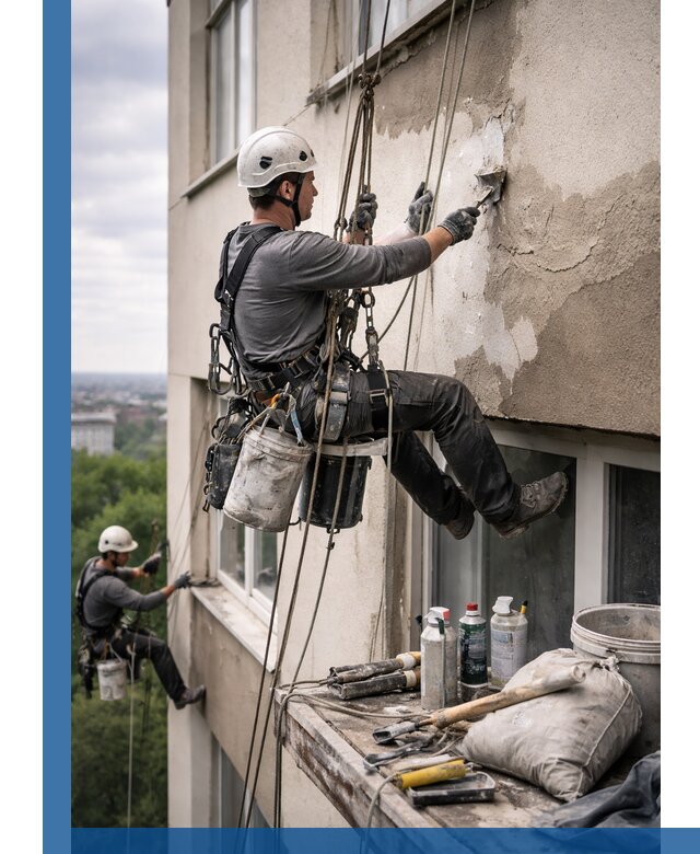 Косметический ремонт фасада зданий в Ухте промышленными альпинистами