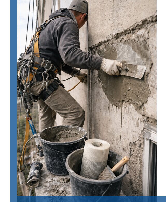 Ремонт бетонных элементов фасада промышленными альпинистами в Ухте