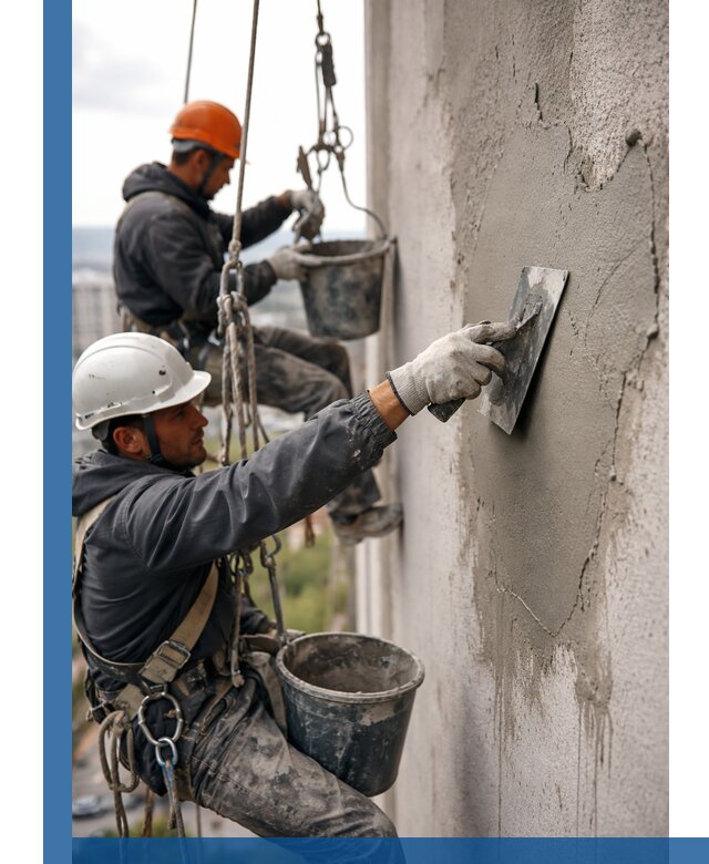 Штукатурка фасада на высоте в Ухте профессиональные работы