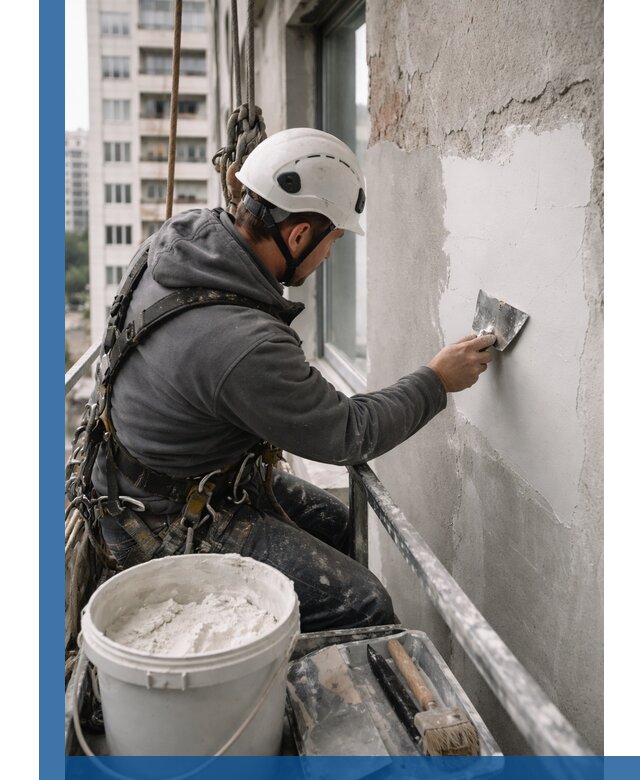 Шпаклевка фасадов на высоте с промальпинистами в Ухте