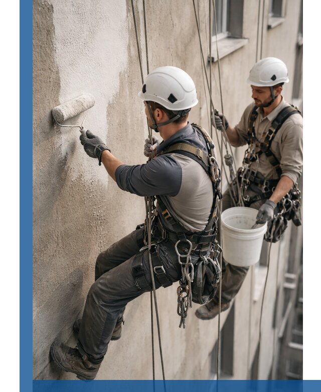 Грунтовка фасада на высоте в Ухте промышленными альпинистами