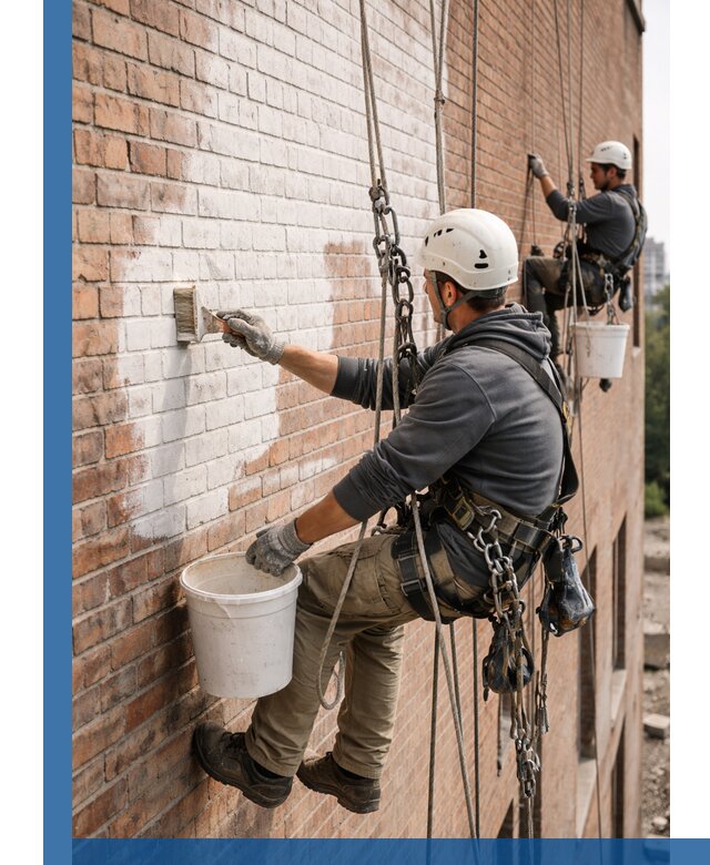 Покраска кирпичного фасада с доступным альпинистским сервисом в Ухте