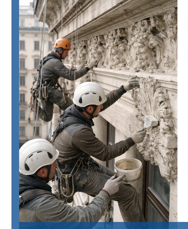 Реставрация фасадной лепнины с высотными работами в Ухте