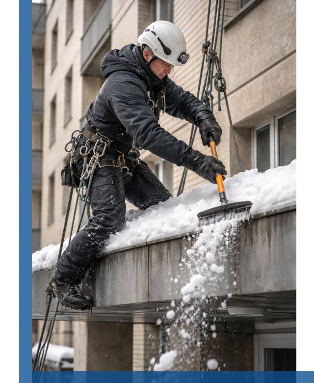 Очистка козырьков от снега в Ухте круглогодично безопасно