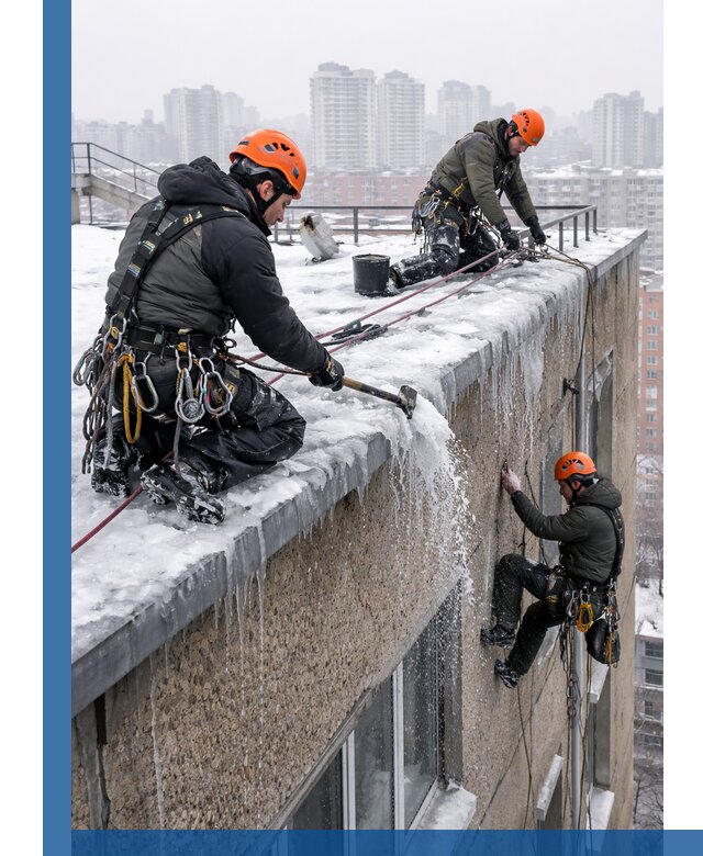 Удаление наледи с кровли в Ухте промышленными альпинистами