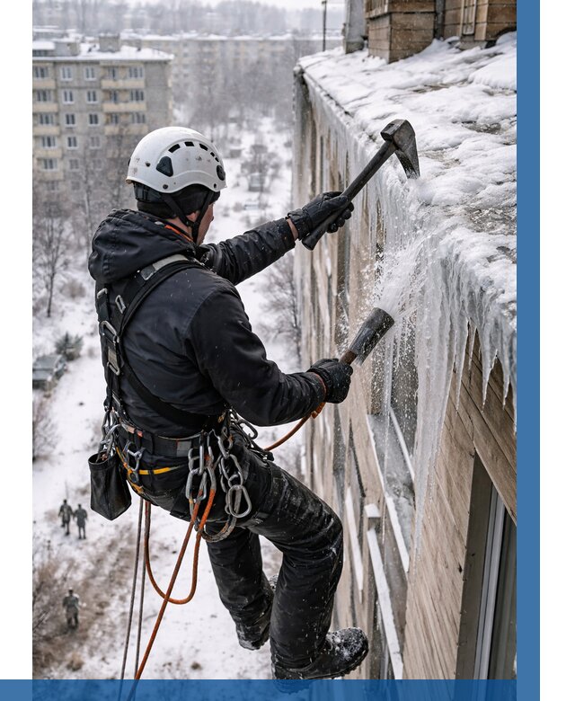 Сбивание сосулек с крыши в Ухте по цене от 4556 р. | ВЫСОТНИК-Хта