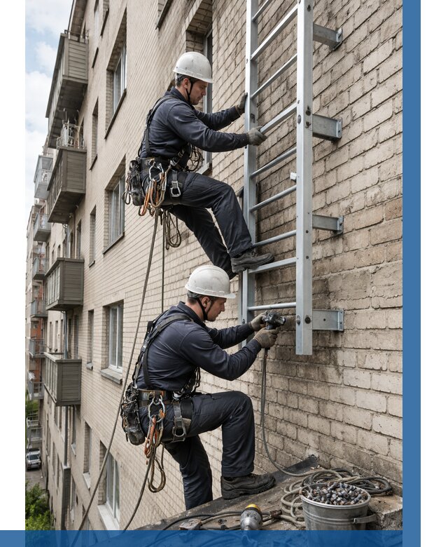 Монтаж пожарной лестницы в Ухте от 25313 р заказать у ВЫСОТНИК-Хта