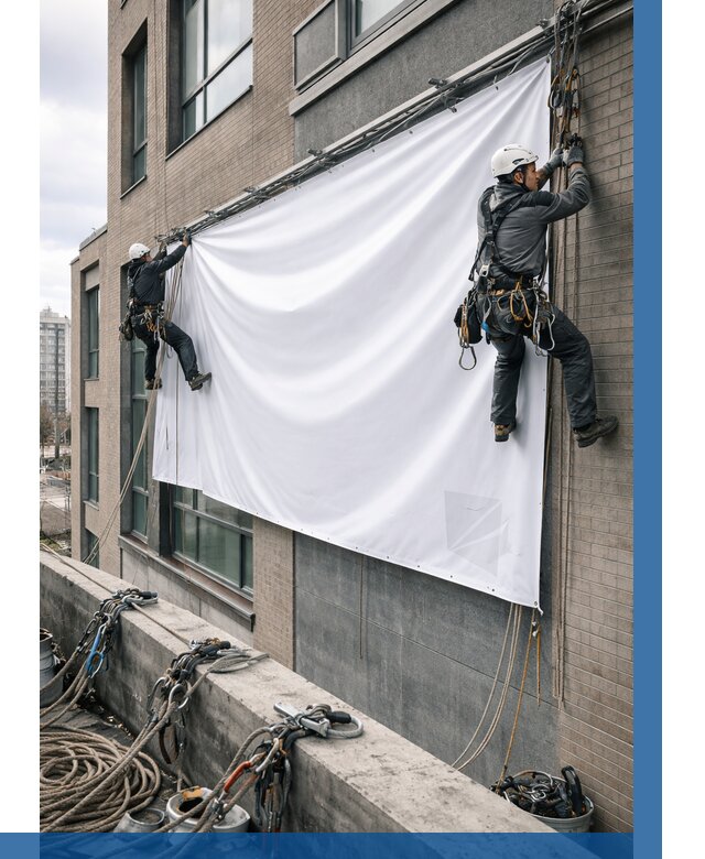 Монтаж баннеров на фасаде в Ухте от 658 р. заказать ВЫСОТНИК-Хта