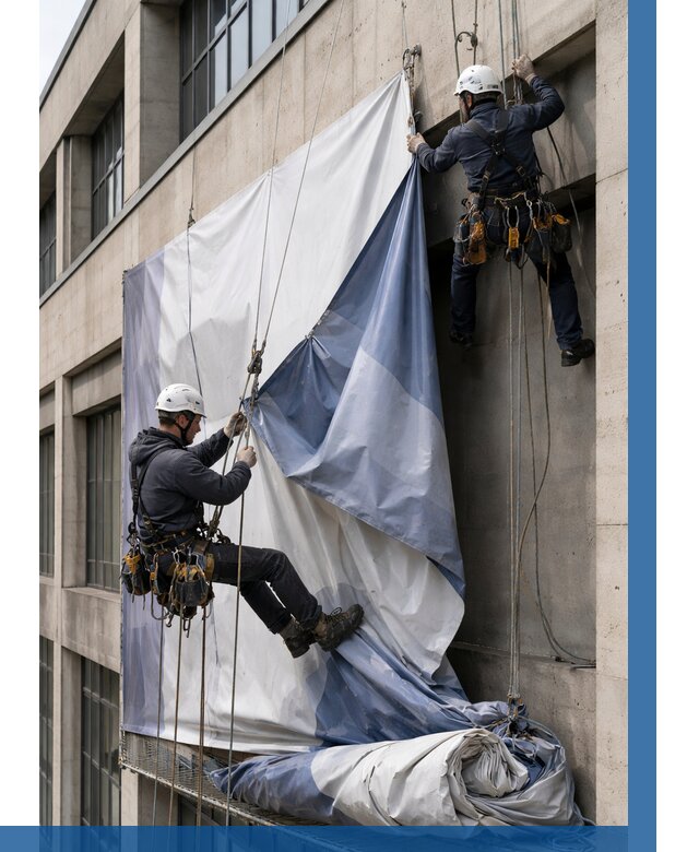 Демонтаж баннеров с фасада в Ухте от 4556 р. | ВЫСОТНИК-Хта