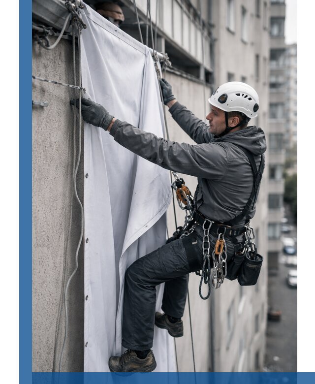 Замена баннерного полотна промышленными альпинистами в Ухте