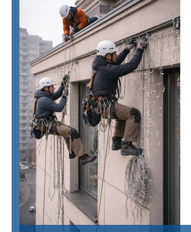 Монтаж праздничных гирлянд на фасаде в Ухте для зданий