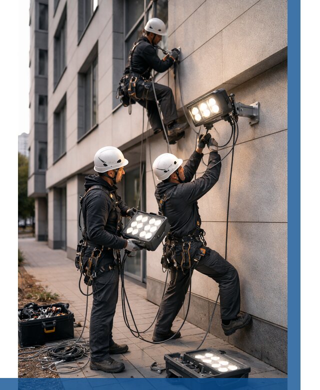 Монтаж прожекторов на фасаде в Ухте от 7594 р. | ВЫСОТНИК-Хта