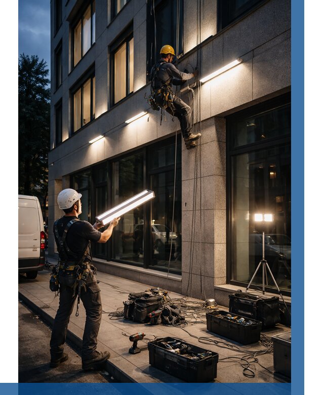 Монтаж архитектурной подсветки здания в Ухте от 2531 р.|ВЫСОТНИК-Хта