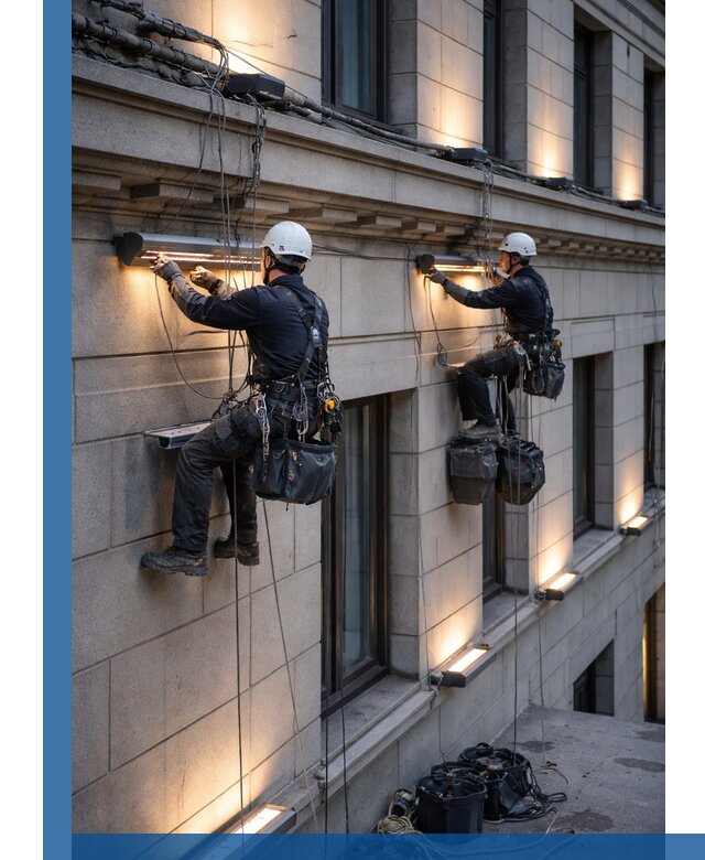 Монтаж архитектурной подсветки фасадов зданий в Ухте