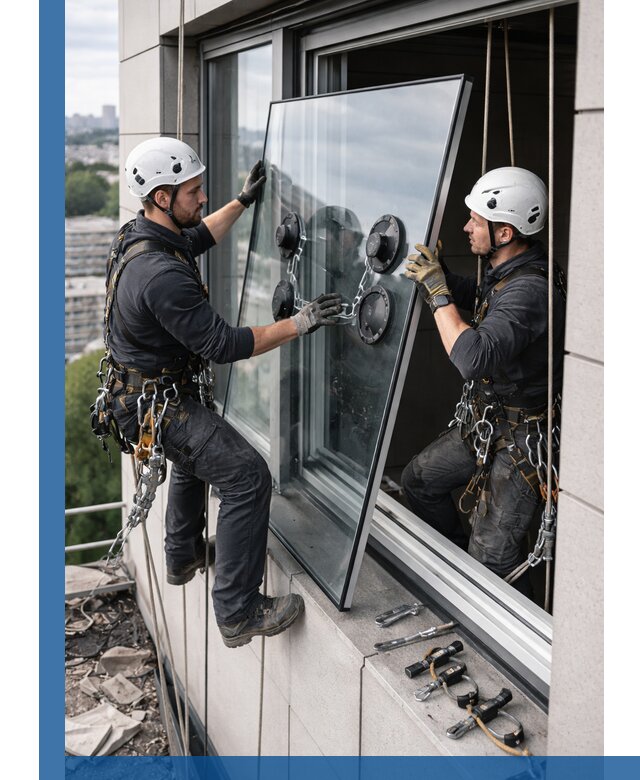 Замена стеклопакетов на высоте с промышленными альпинистами в Ухте