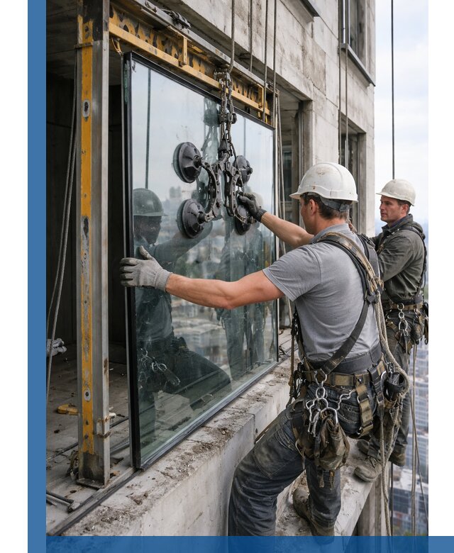 Монтаж стеклопакетов на высоте в Ухте с промышленным альпинизмом