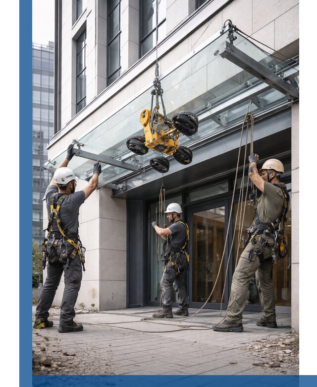 Монтаж стеклянных козырьков под ключ в Ухте для зданий