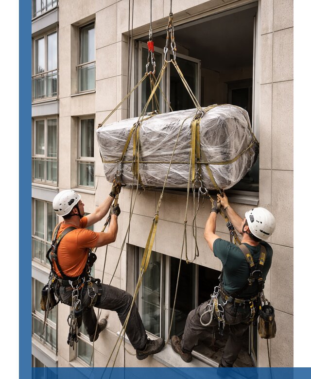 Подъем грузов через окно в Ухте промышленными альпинистами