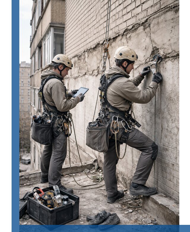 Обследование фасада промышленными альпинистами в Ухте